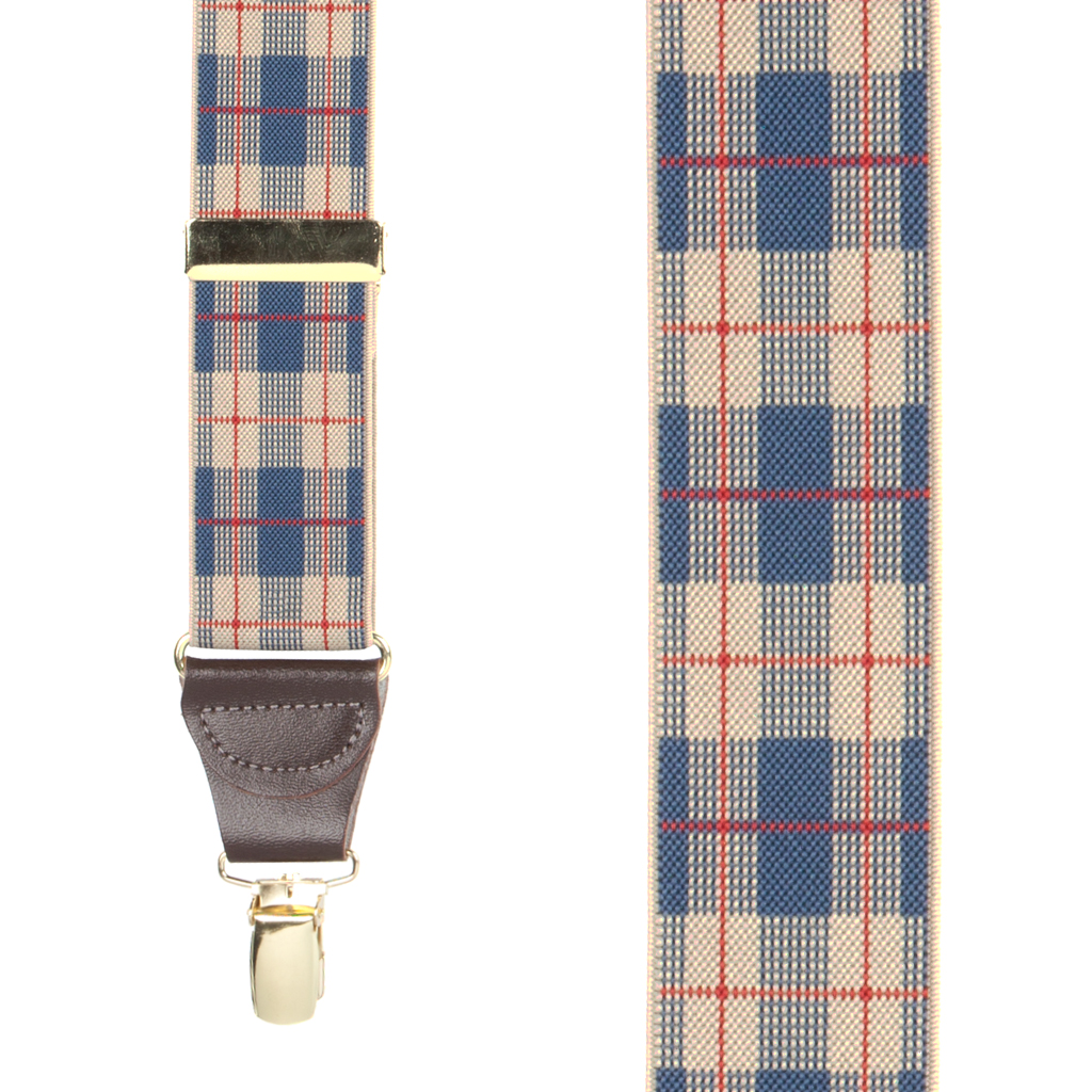 Beige Plaid Suspenders - 1.5 Inch Wide Clip
