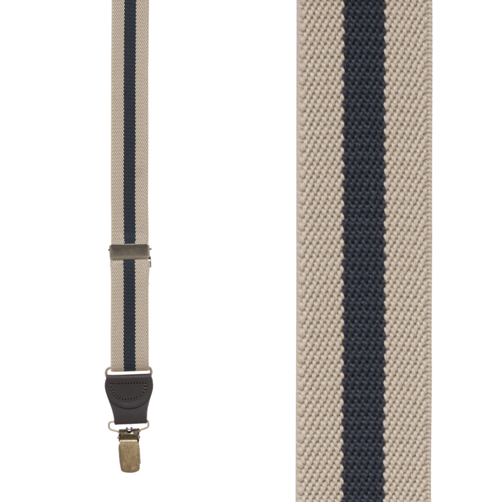 TAN/NAVY Striped Y-Back Clip Suspenders - 1 Inch Wide